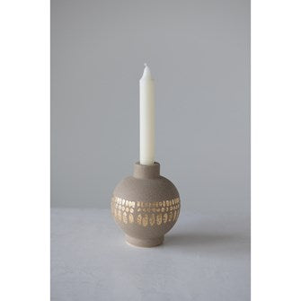 Stoneware Taper Holder/Vase with Gold Pattern, Sand Color