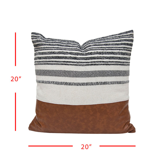 Hand Woven Stripe and Faux Leather Pillow